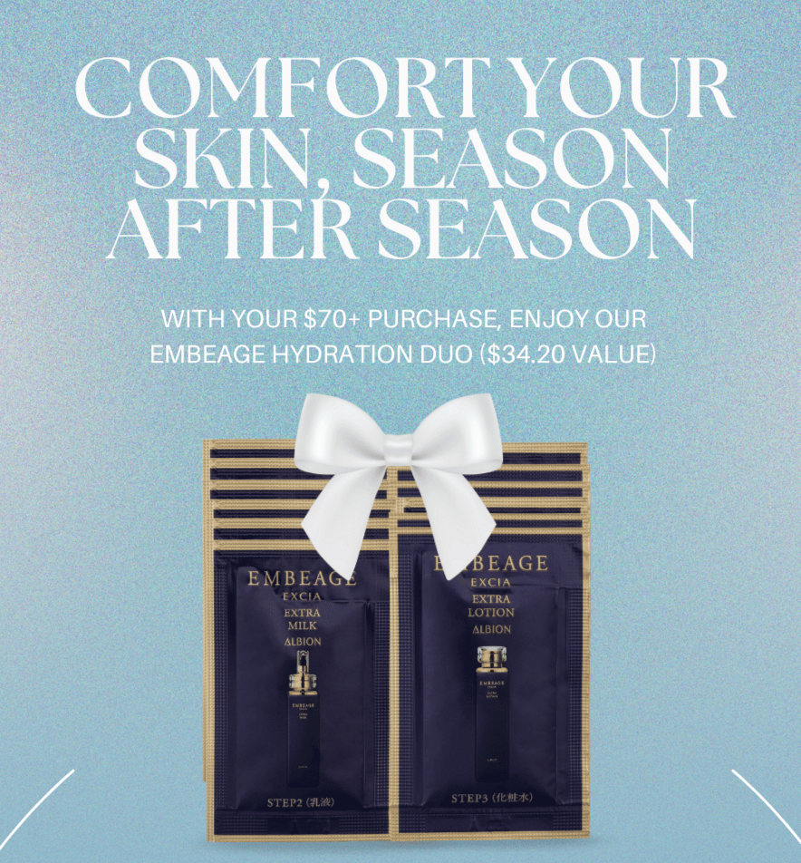 Promotional offer for Embeage skincare products on a light blue background